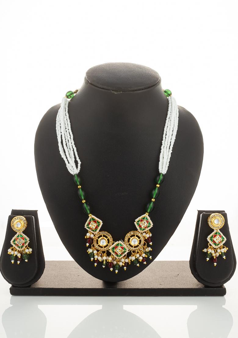 Multicolor Gold Plated Brass Necklace And Earrings - Indya