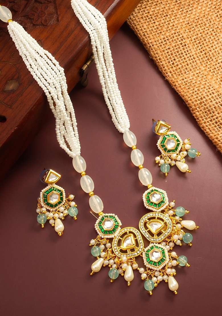 Aqua Blue Gold Plated Brass Necklace And Earrings - Indya