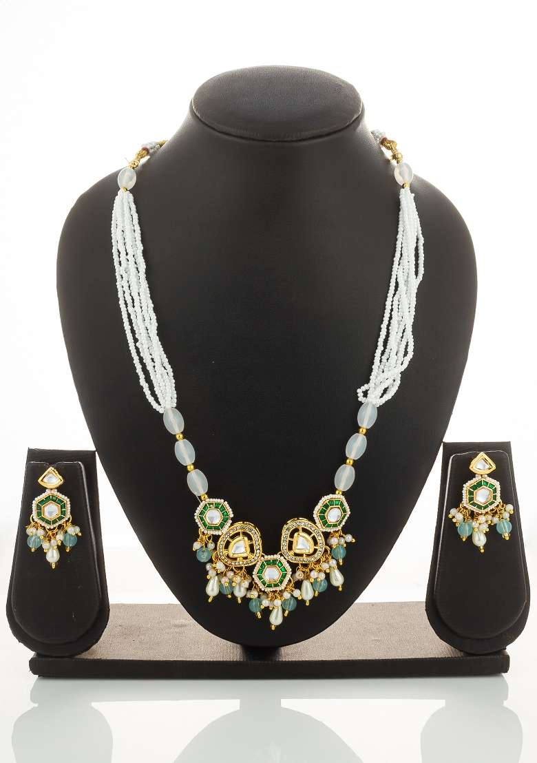 Aqua Blue Gold Plated Brass Necklace And Earrings - Indya