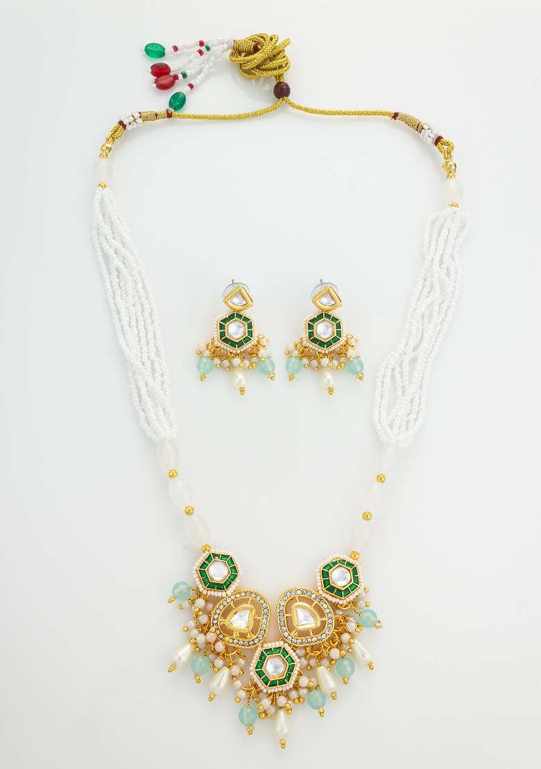 Aqua Blue Gold Plated Brass Necklace And Earrings - Indya
