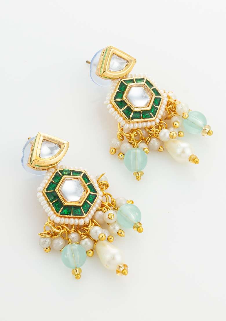 Aqua Blue Gold Plated Brass Necklace And Earrings - Indya