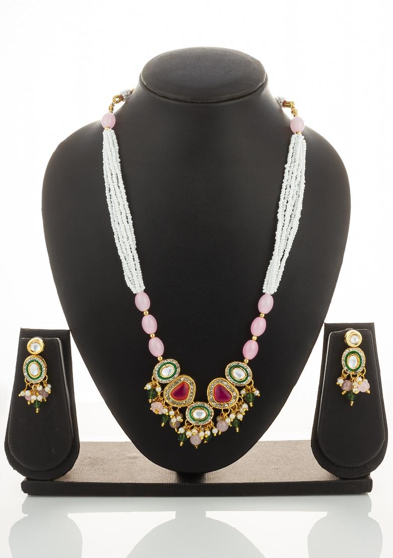 Baby Pink Gold Plated Brass Necklace And Earrings - Indya