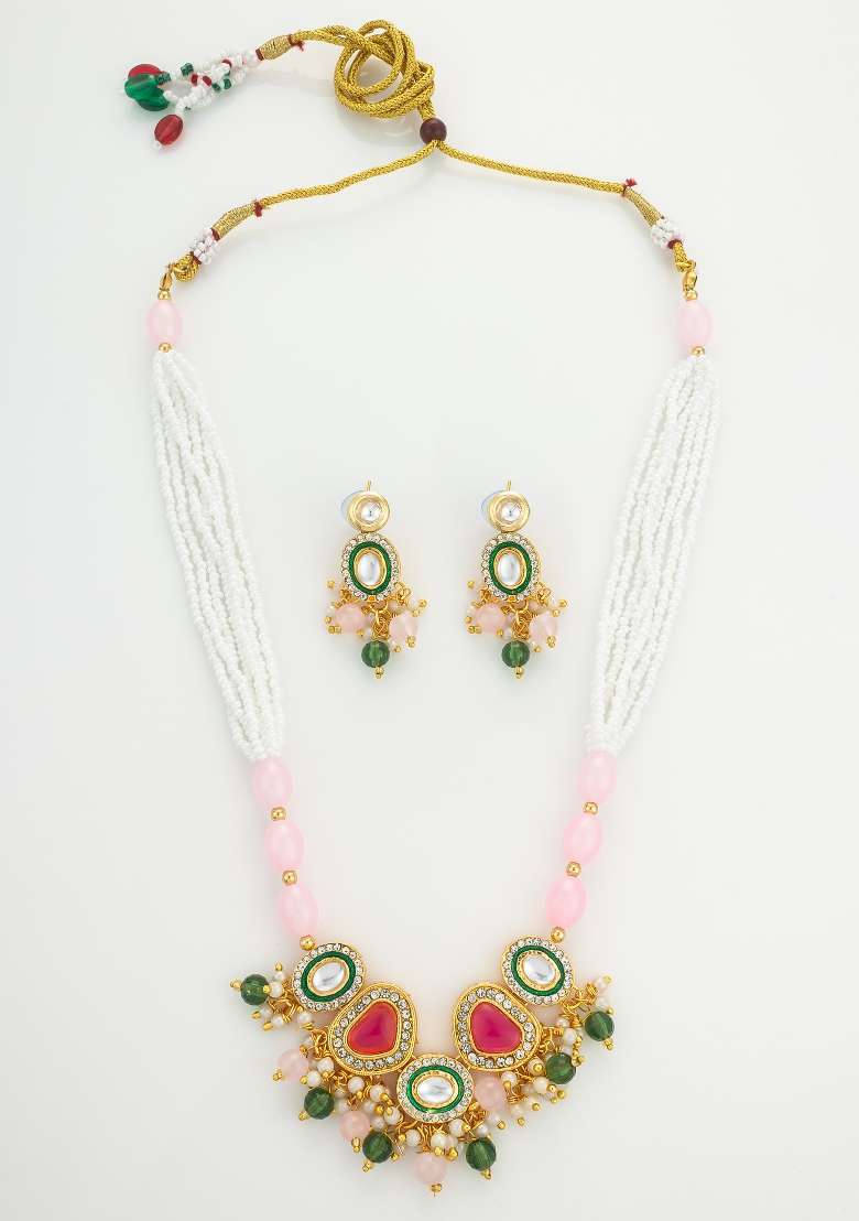 Baby Pink Gold Plated Brass Necklace And Earrings - Indya
