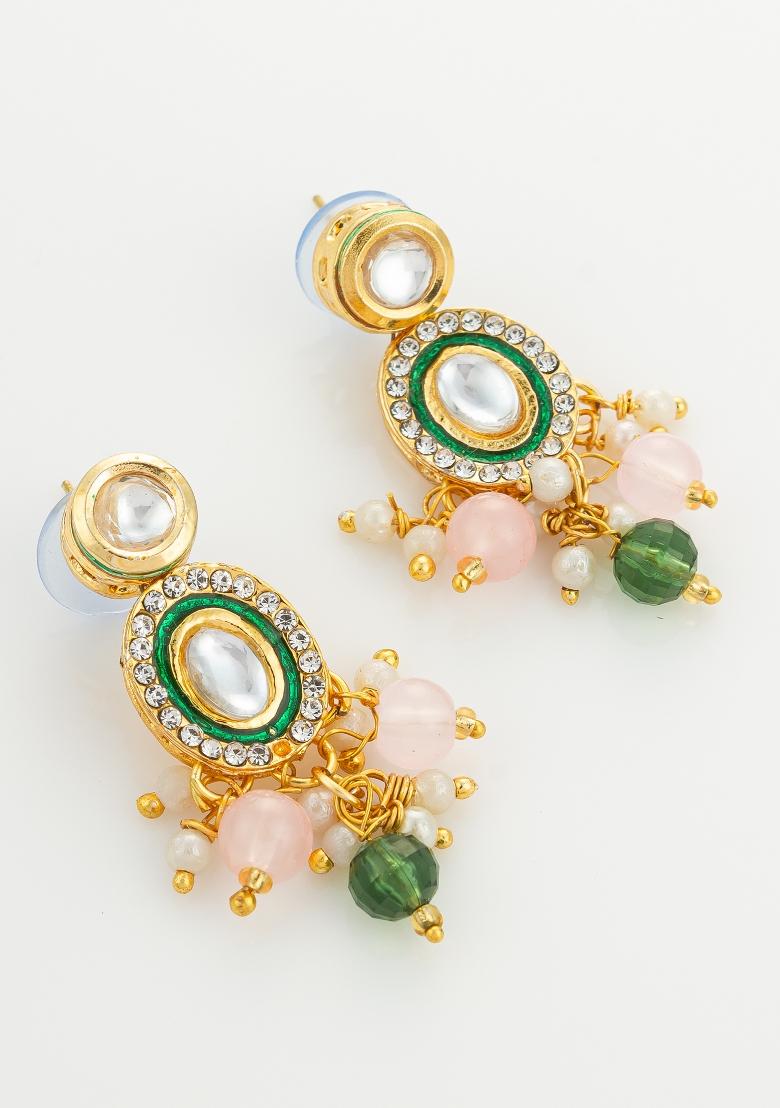 Baby Pink Gold Plated Brass Necklace And Earrings - Indya