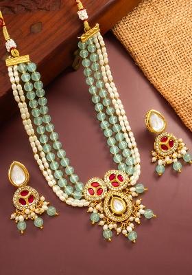 Aqua Blue Gold Plated Brass Necklace And Earrings