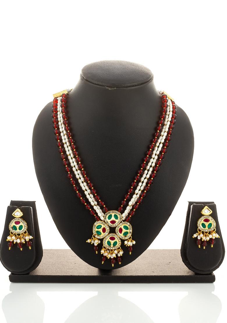 Red Gold Plated Brass Necklace And Earrings - Indya