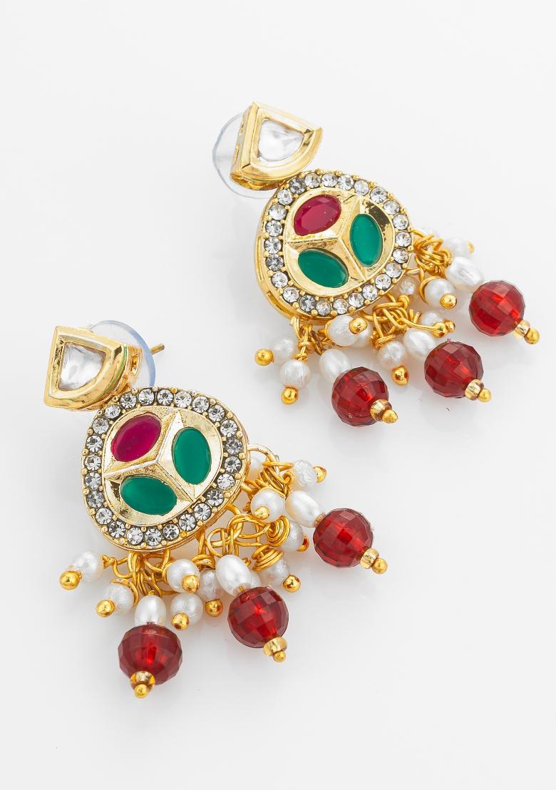 Red Gold Plated Brass Necklace And Earrings - Indya
