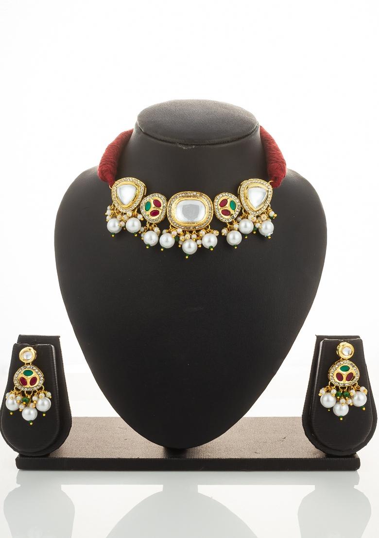 Red Gold Plated Brass Necklace And Earrings - Indya