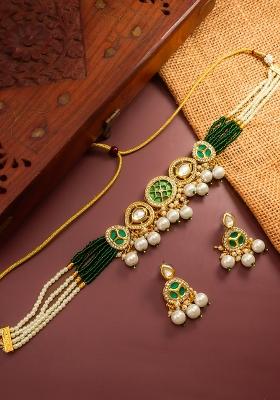 Green Gold Plated Brass Necklace And Earrings