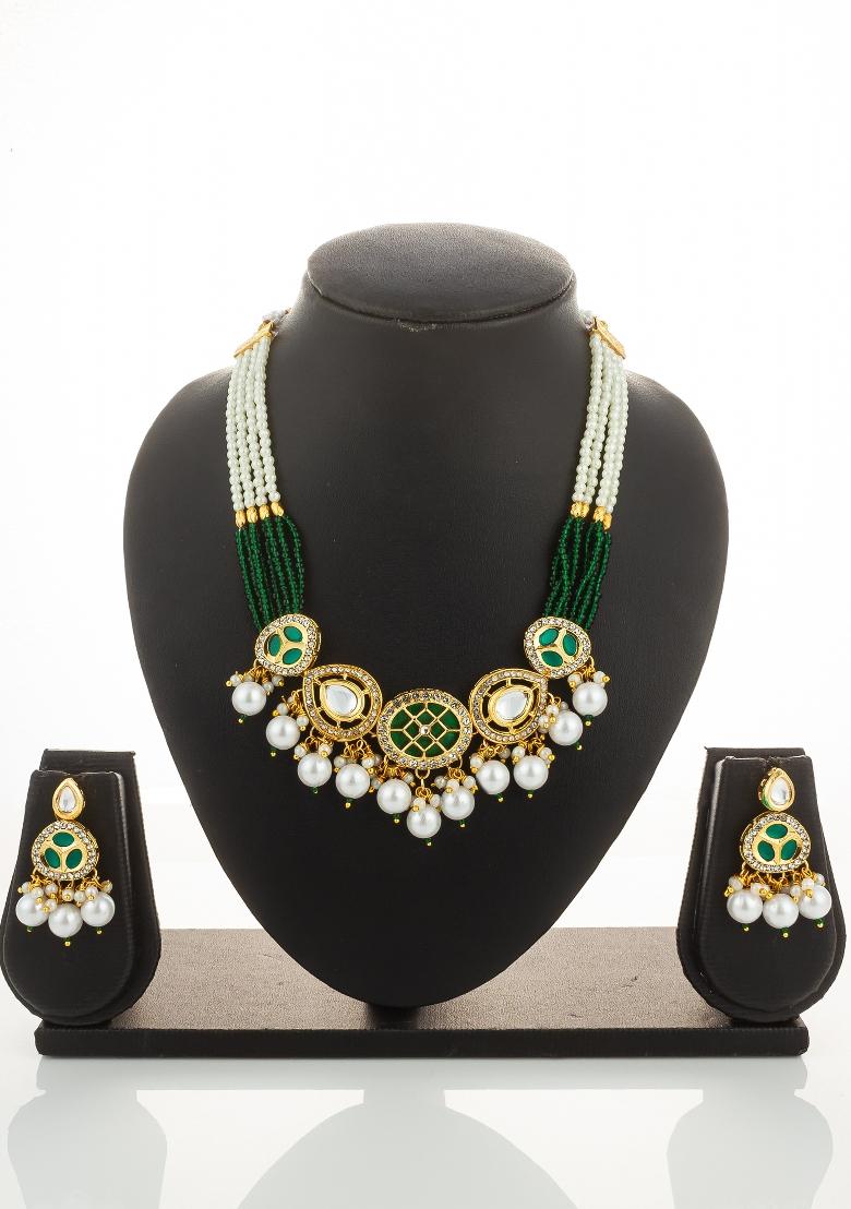Green Gold Plated Brass Necklace And Earrings - Indya