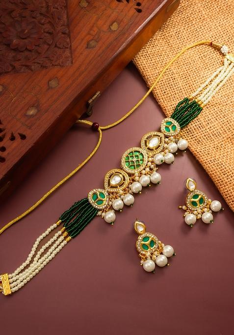 Green Gold Plated Brass Necklace And Earrings