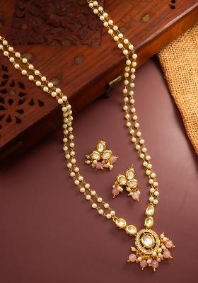 Baby Pink Gold Plated Brass Necklace And Earrings
