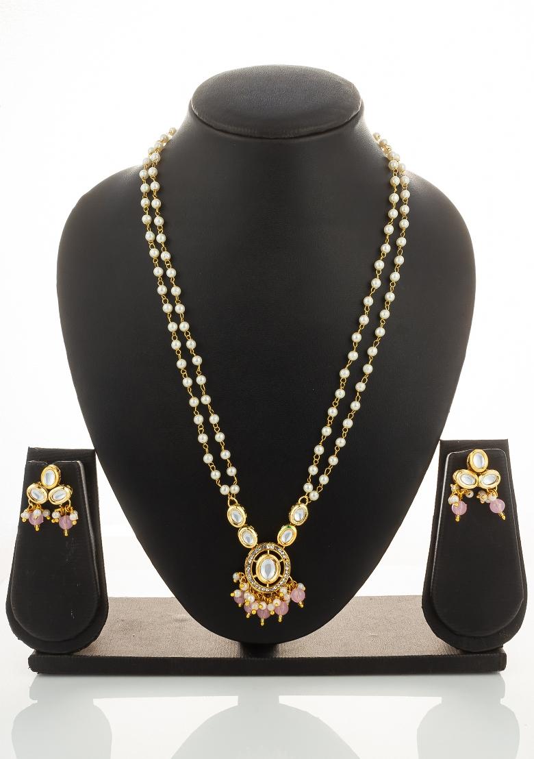 Baby Pink Gold Plated Brass Necklace And Earrings - Indya