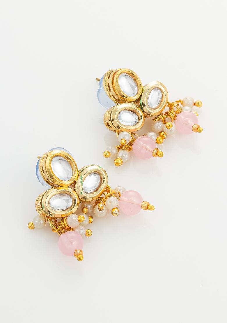Baby Pink Gold Plated Brass Necklace And Earrings - Indya