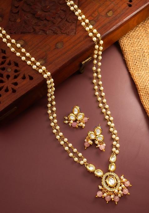 Baby Pink Gold Plated Brass Necklace And Earrings