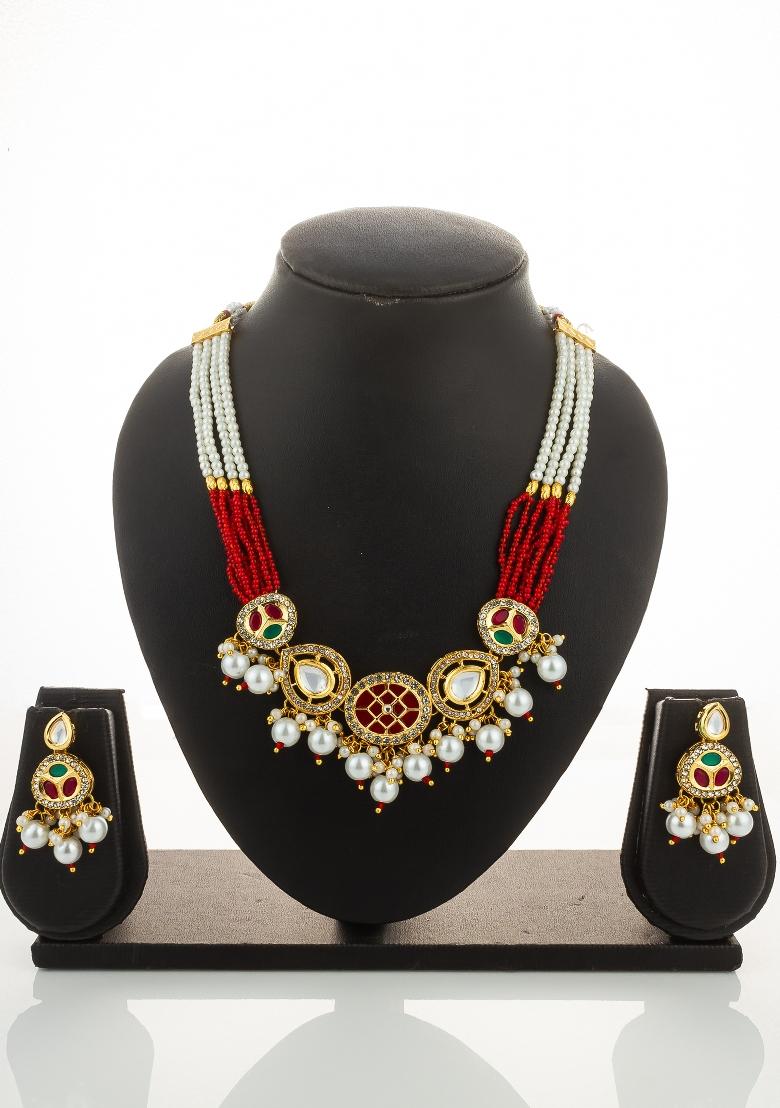 Red Gold Plated Brass Necklace And Earrings - Indya