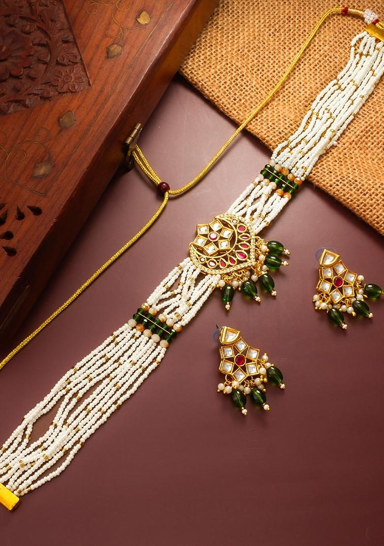 Green Gold Plated Brass Necklace And Earrings - Indya