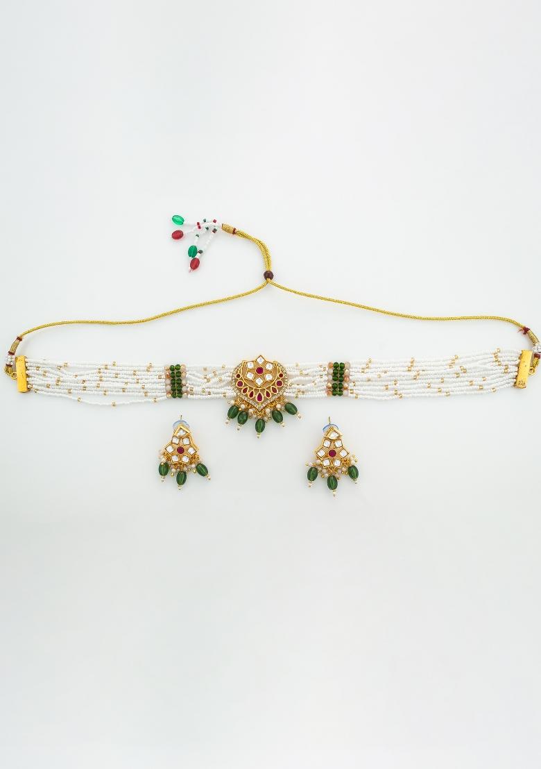 Green Gold Plated Brass Necklace And Earrings - Indya