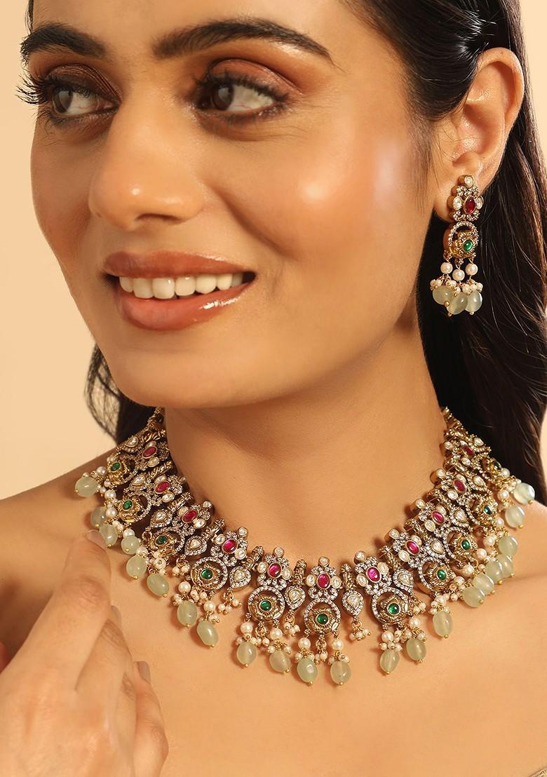 18K Gold Plated Zircon Studded Beaded Jewellery Set - Indya
