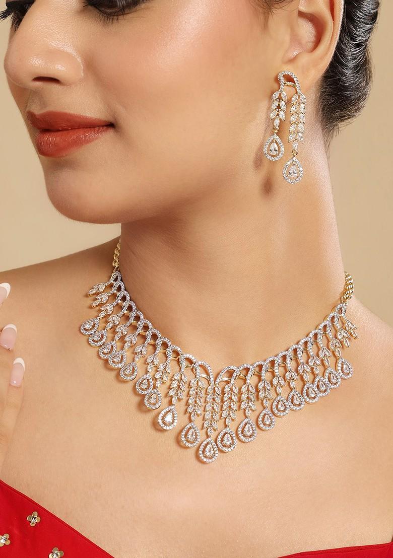 Gold Plated Brass Cubic Zirconia Drop Radiance Necklace Earrings - Indya