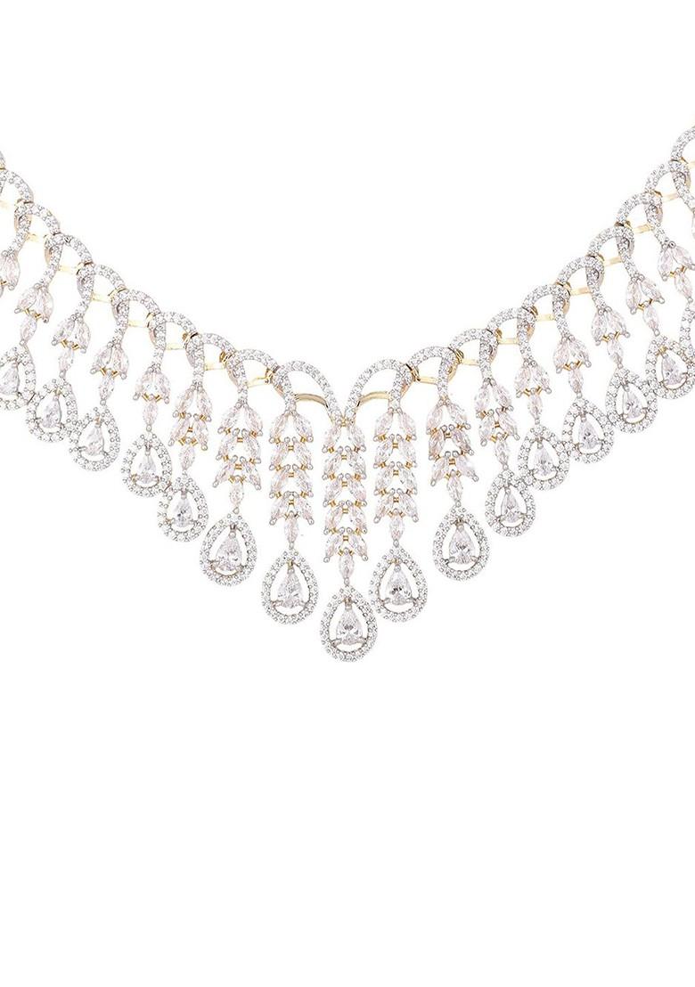 Gold Plated Brass Cubic Zirconia Drop Radiance Necklace Earrings - Indya