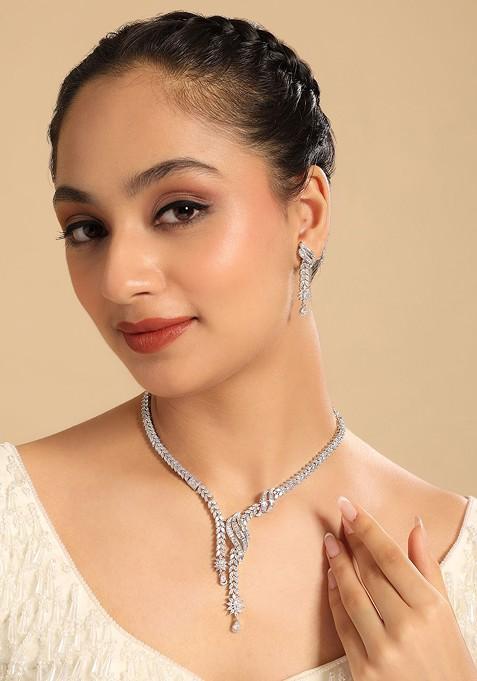 Rhodium Plated Brass Cubic Zirconia Stellar Grace Necklace Earrings