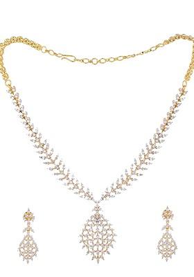 Gold Plated Brass Cubic Zirconia Leaflet Spark Necklace Earrings