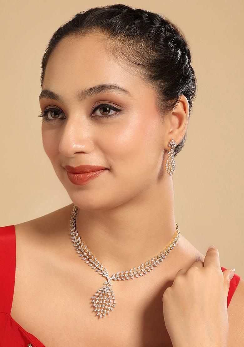Gold Plated Brass Cubic Zirconia Leaflet Spark Necklace Earrings - Indya