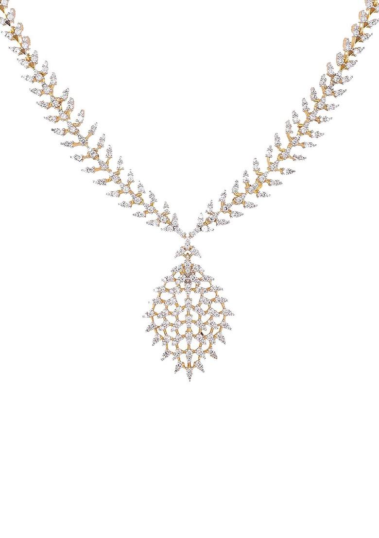 Gold Plated Brass Cubic Zirconia Leaflet Spark Necklace Earrings - Indya