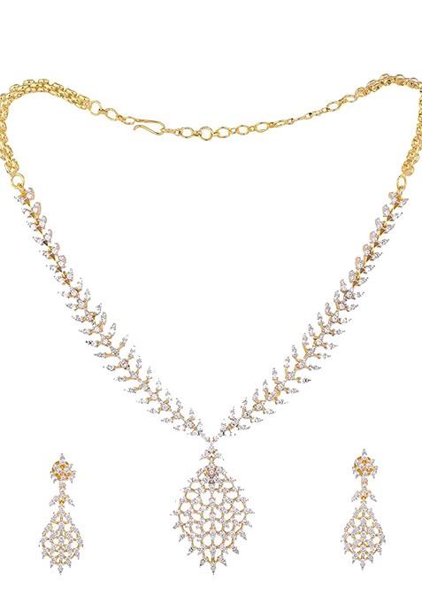 Gold Plated Brass Cubic Zirconia Leaflet Spark Necklace Earrings