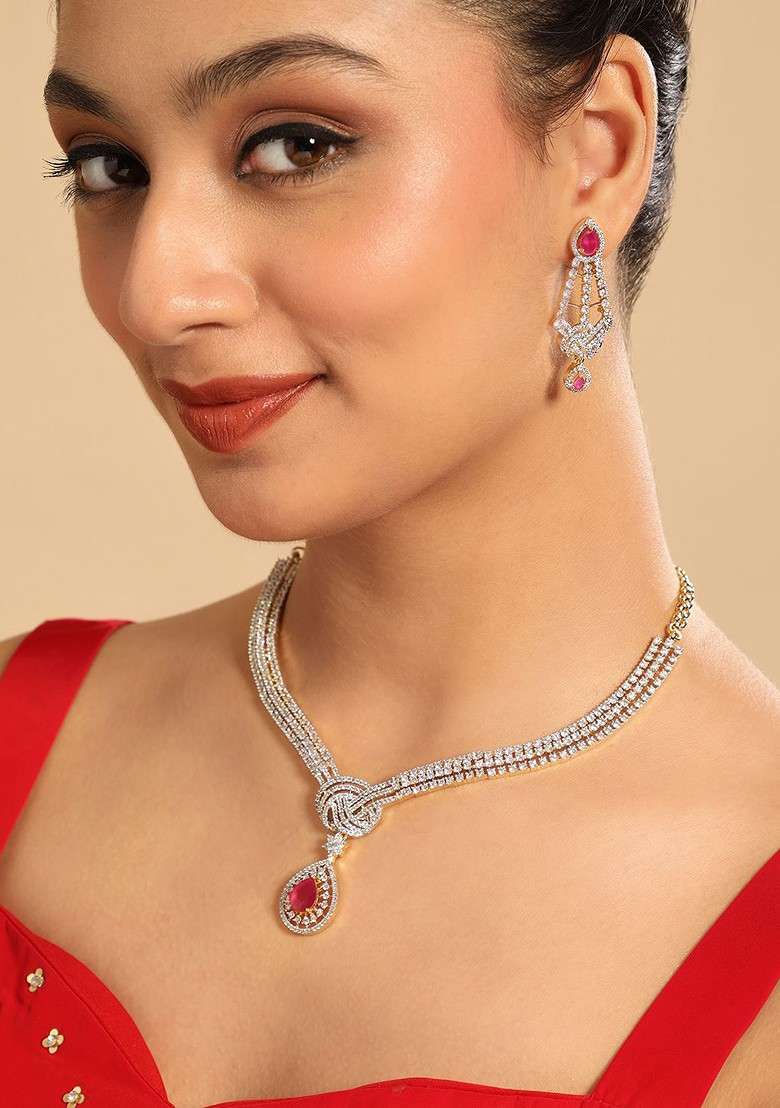 Rhodium Plated Brass Cubic Zirconia Crimson Knot Necklace Earrings - Indya