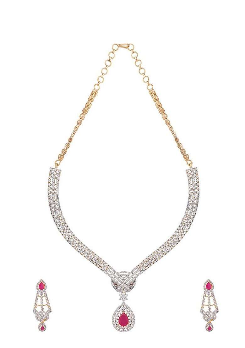 Rhodium Plated Brass Cubic Zirconia Crimson Knot Necklace Earrings - Indya