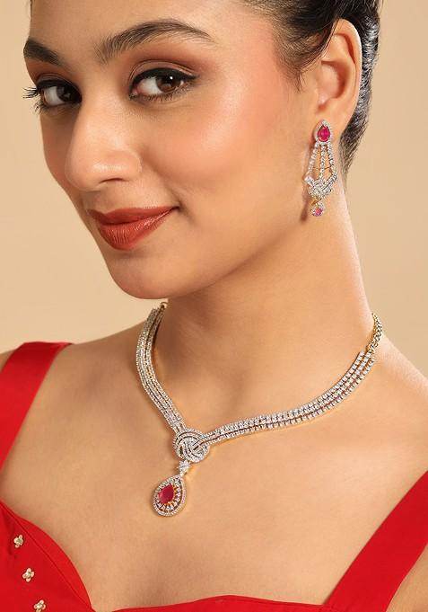 Rhodium Plated Brass Cubic Zirconia Crimson Knot Necklace Earrings
