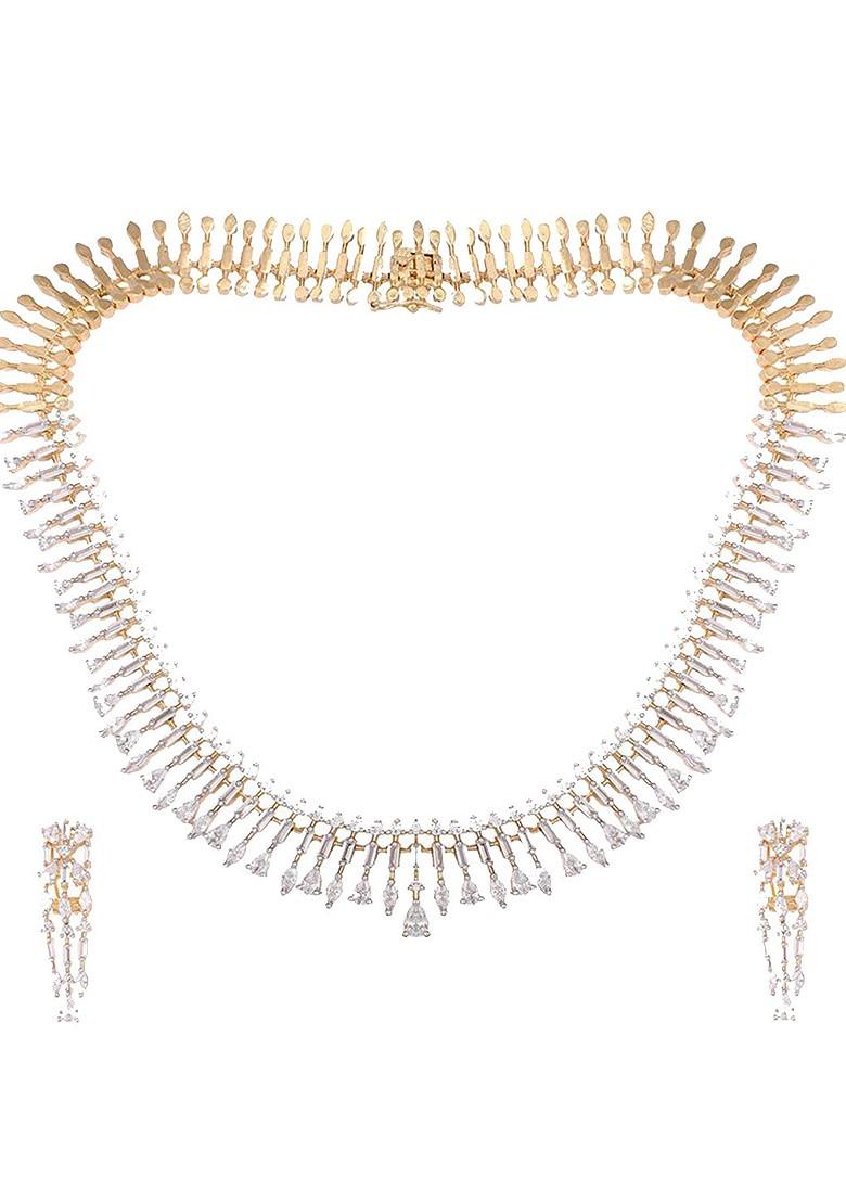 Gold Plated Brass Cubic Zirconia Diva Radiant Drop Necklace Earrings - Indya