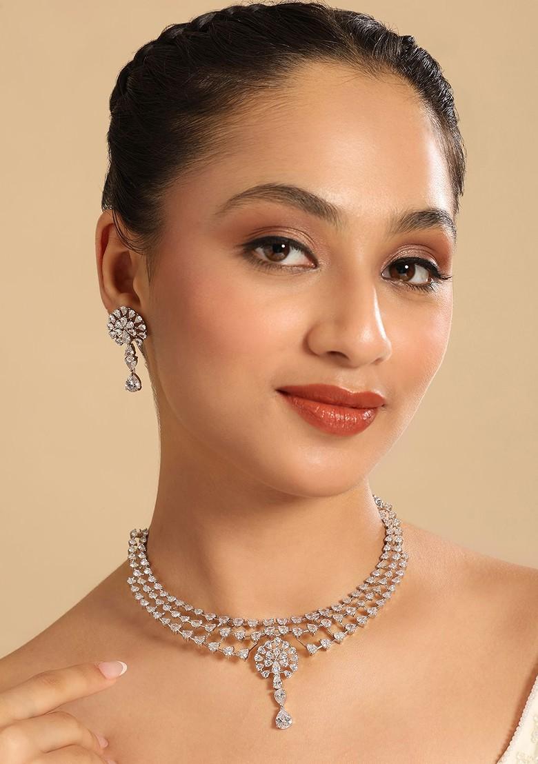 Rhodium Plated Brass Cubic Zirconia Starline Necklace Earrings - Indya
