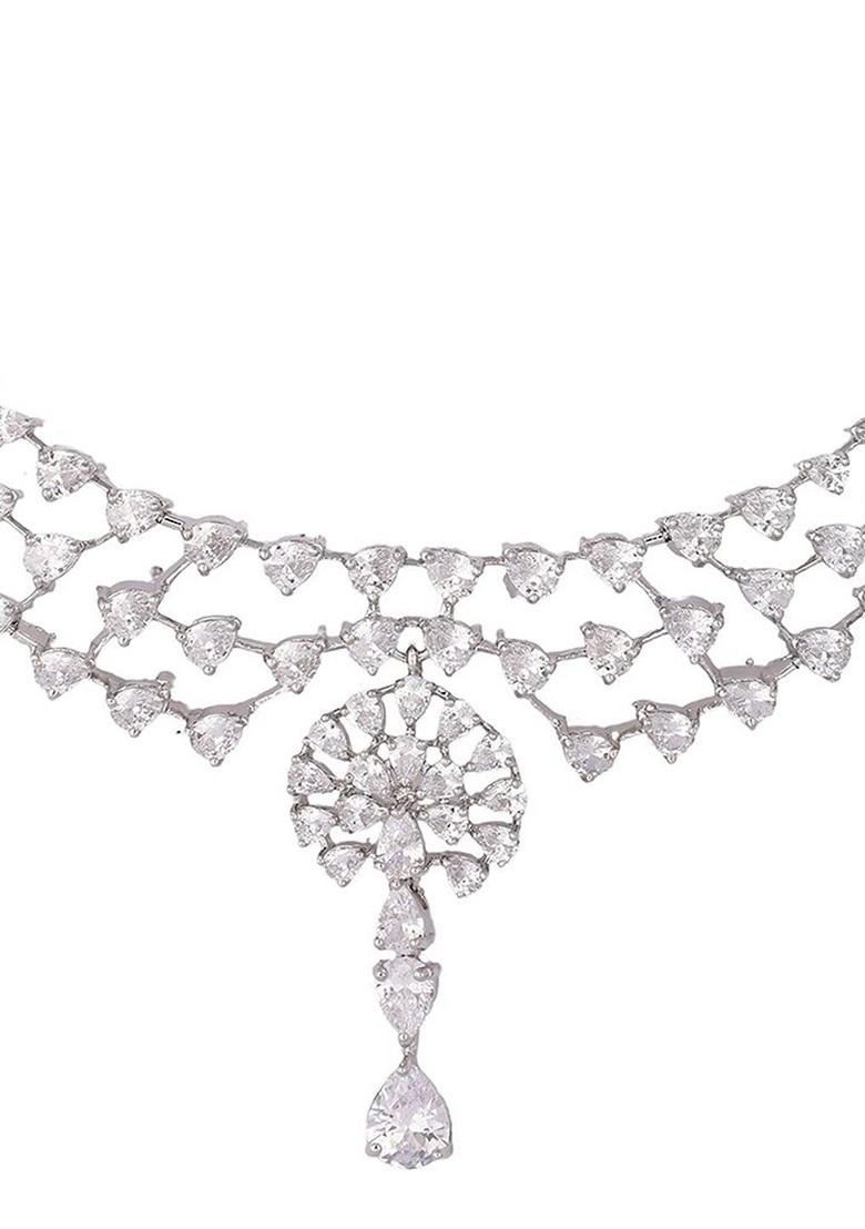 Rhodium Plated Brass Cubic Zirconia Starline Necklace Earrings - Indya