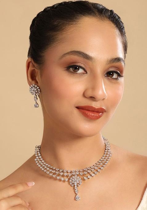 Rhodium Plated Brass Cubic Zirconia Starline Necklace Earrings