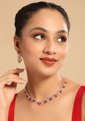 Gold Plated Brass Cubic Zirconia Ruby Rhythm Necklace Earrings