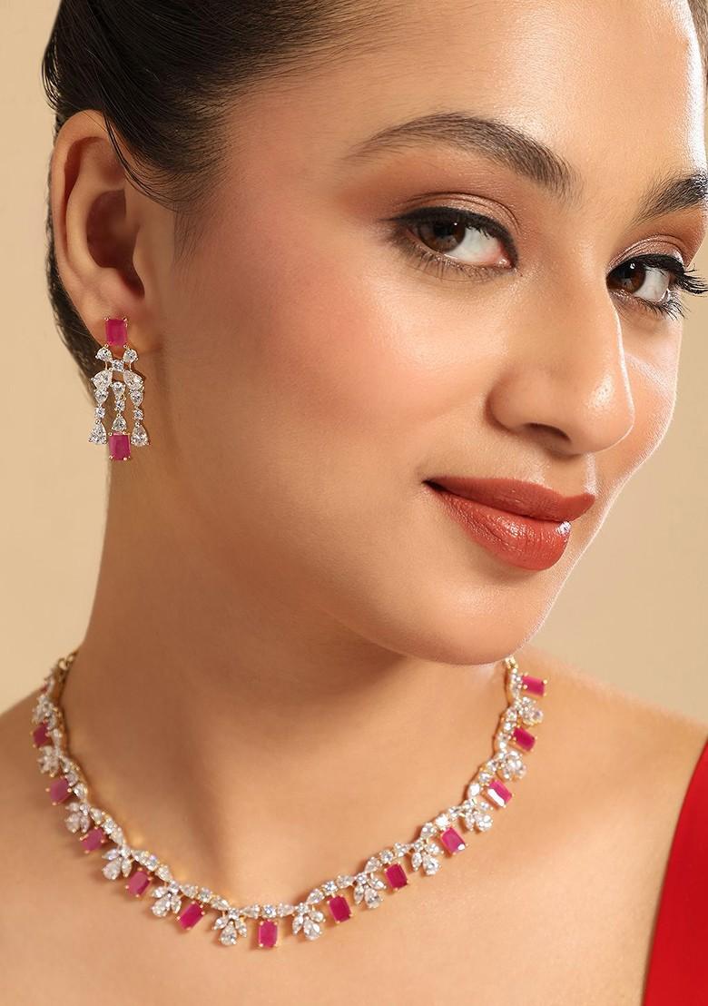 Gold Plated Brass Cubic Zirconia Ruby Rhythm Necklace Earrings - Indya