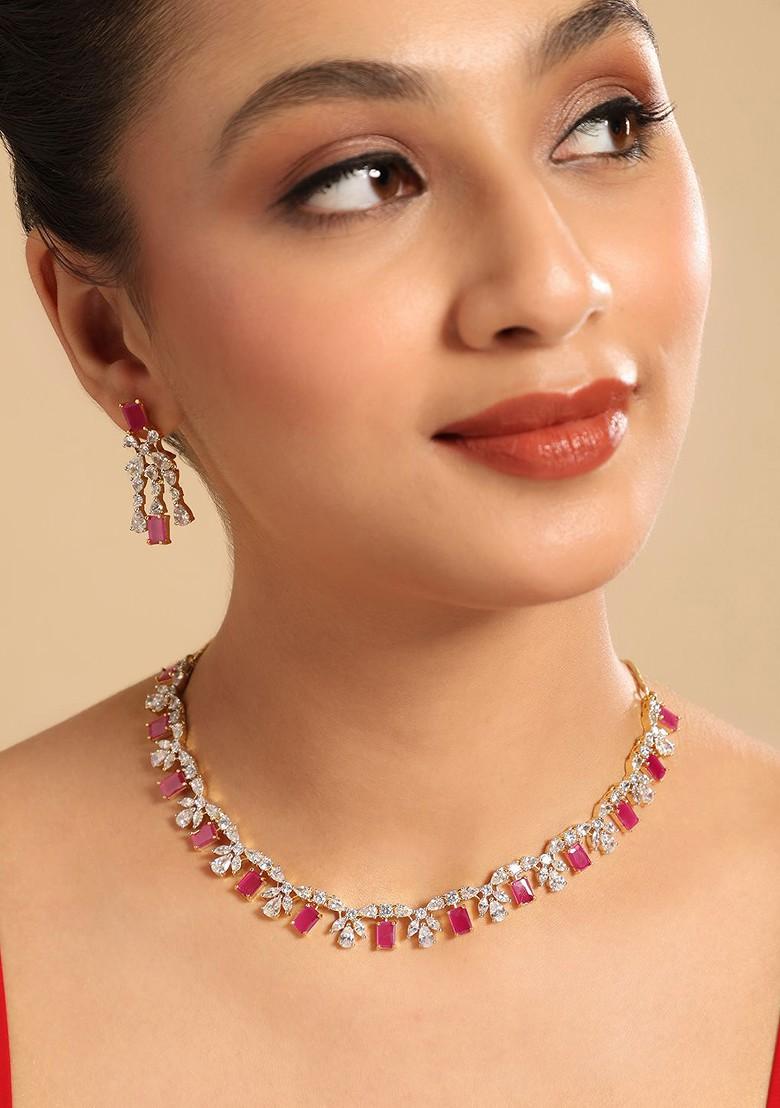 Gold Plated Brass Cubic Zirconia Ruby Rhythm Necklace Earrings - Indya