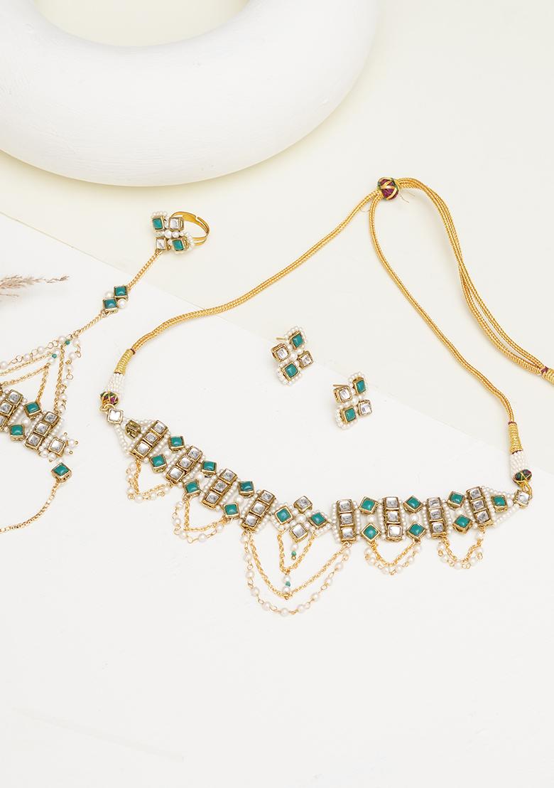 Green Glass Kundan Mixed Alloy Necklace Set - Indya