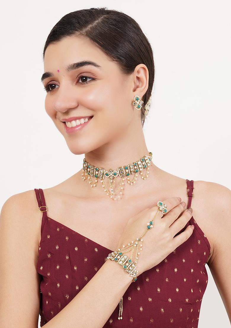 Green Glass Kundan Mixed Alloy Necklace Set - Indya
