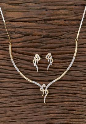 Golden White Designer Brass American Diamond Necklace Set
