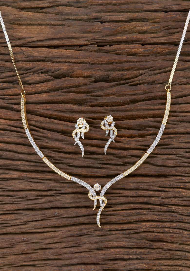 Golden White Designer Brass American Diamond Necklace Set - Indya