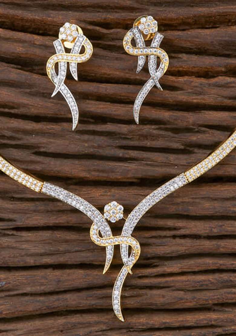 Golden White Designer Brass American Diamond Necklace Set - Indya