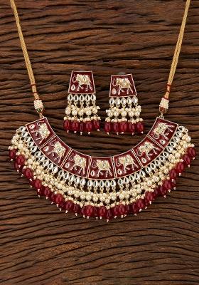 Golden White Designer Brass Kundan Necklace With Earring Set