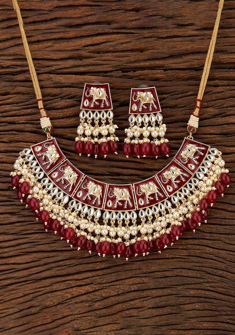 Golden White Designer Brass Kundan Necklace With Earring Set - Indya