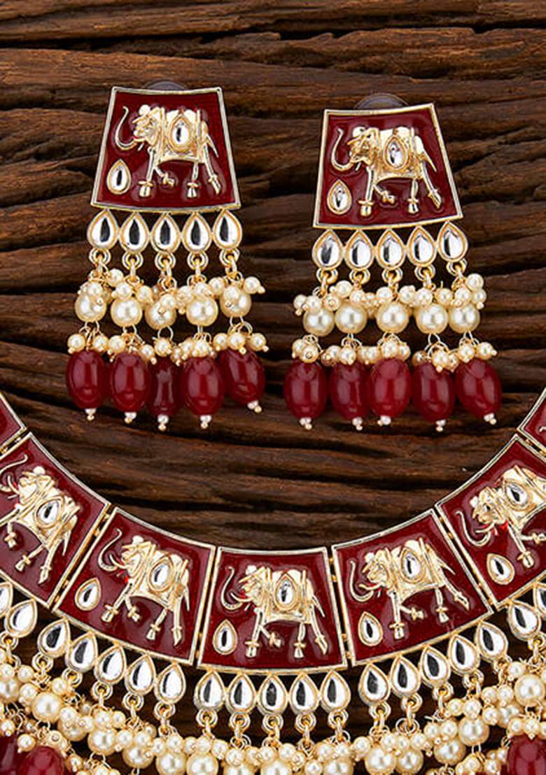 Golden White Designer Brass Kundan Necklace With Earring Set - Indya