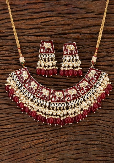 Golden White Designer Brass Kundan Necklace With Earring Set