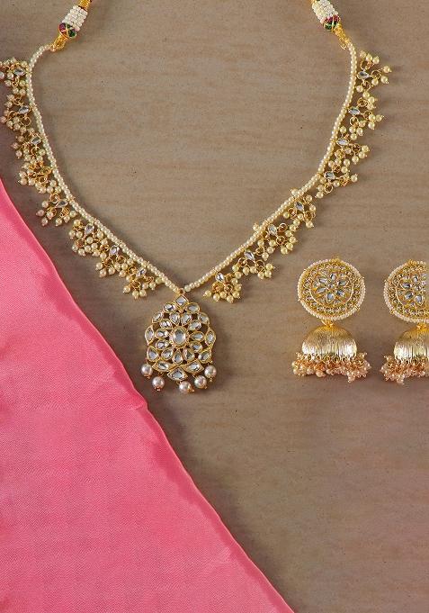 Golden White Designer Brass Kundan Necklace With Earring Set